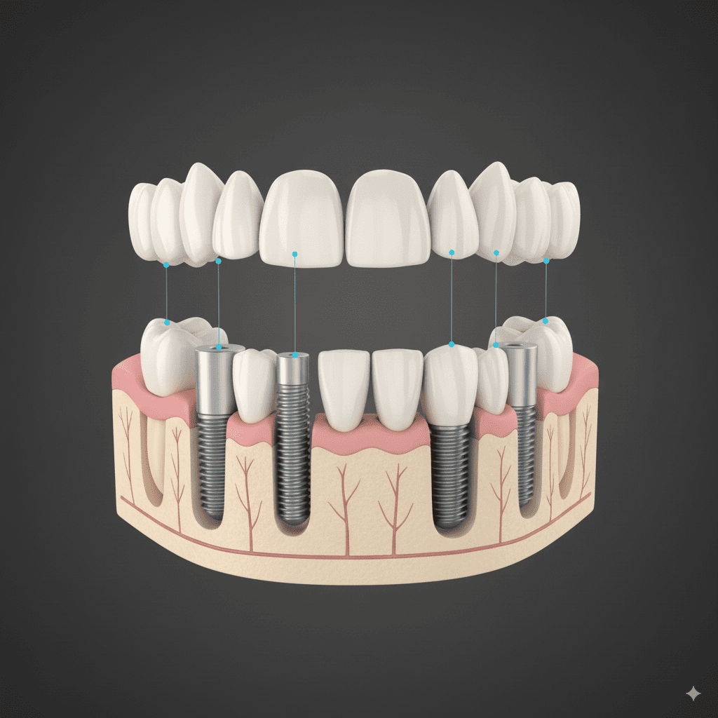 Ilustración 3D de dientes fijos en 24 horas con cuatro implantes de titanio sosteniendo una prótesis completa superior. Implantes dentales en San Fernando con Tecnología Straumman