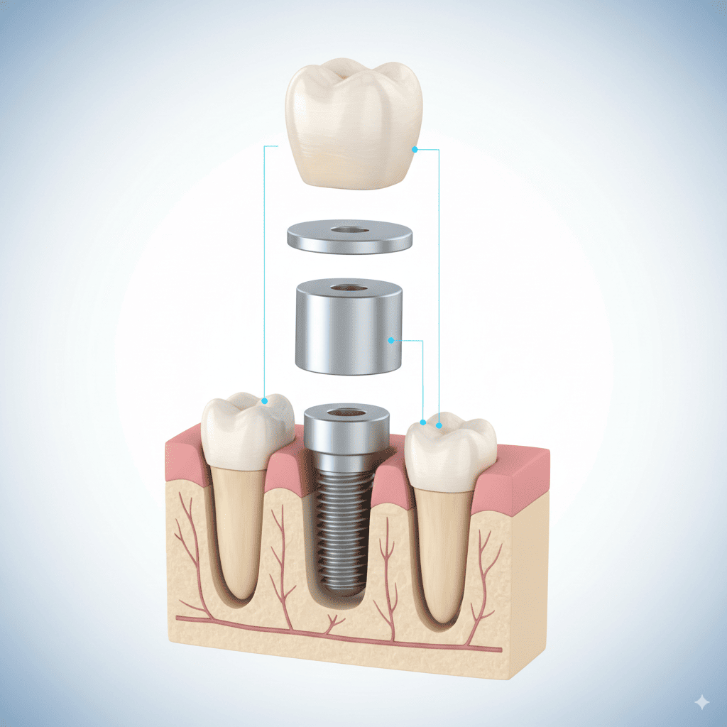 Ilustración 3D realista de un implante dental con corona de cerámica y tornillo de titanio en clínica dental cerca de Estepona